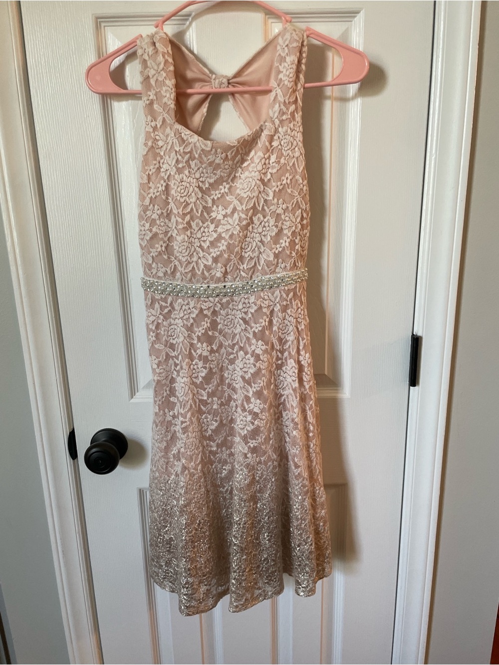 Emily West Girls Pink/Peach Lace Special Occasion Dress With Rhinestone & Bow